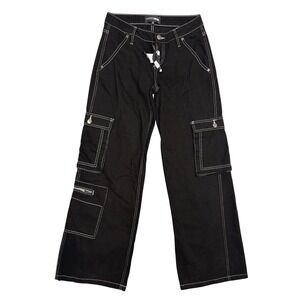 NEW Fashion Nova No Rules Mid Rise Cargo Jeans 1‎ Black Contrast Stitch Wide Leg